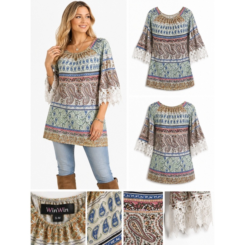 WinWin Tunic Top Womens S-M Multi Paisley Half Sleeve Lace Festival Boho Peasant